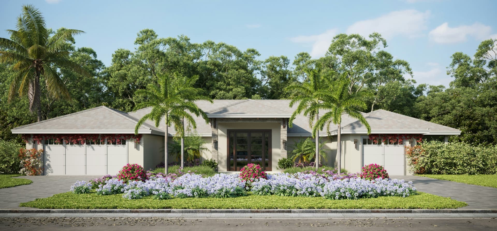 A single-story Naples home with palm trees, flower beds, and a paved driveway